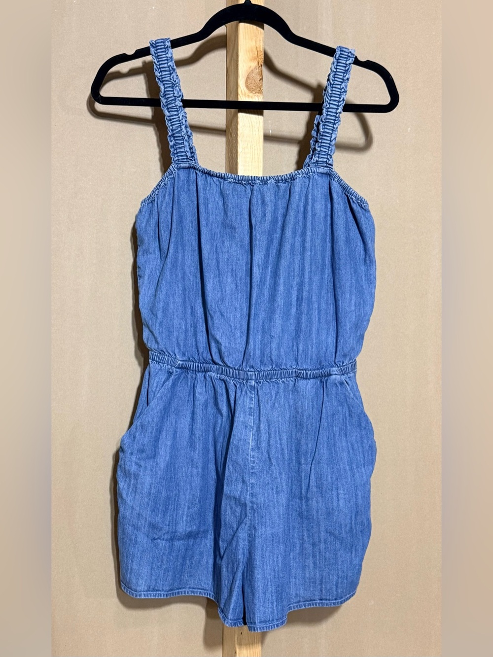 Express Blue Denim Romper with Smocked Straps